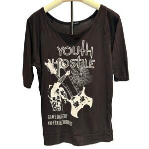 Women's Graphic T-shirt "Youth Hostile" Wide Neck 3/4 Sleeves EUC, Small